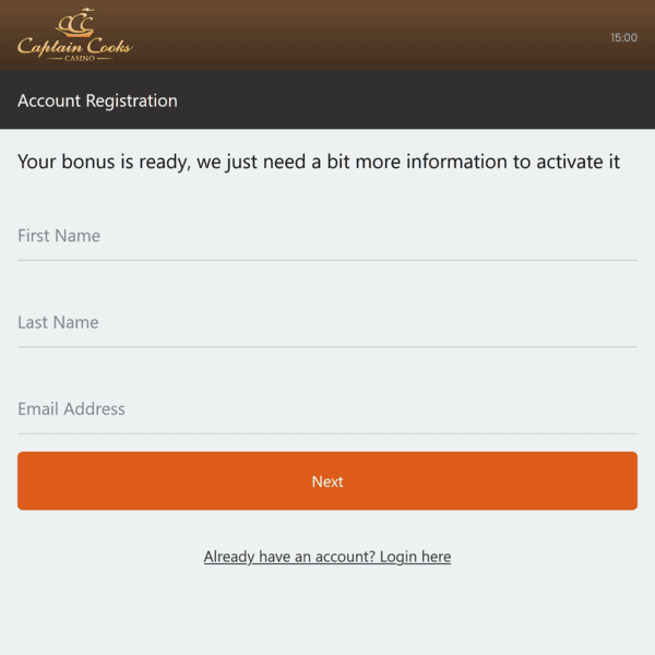Captain Cooks Casino Account Registration Page