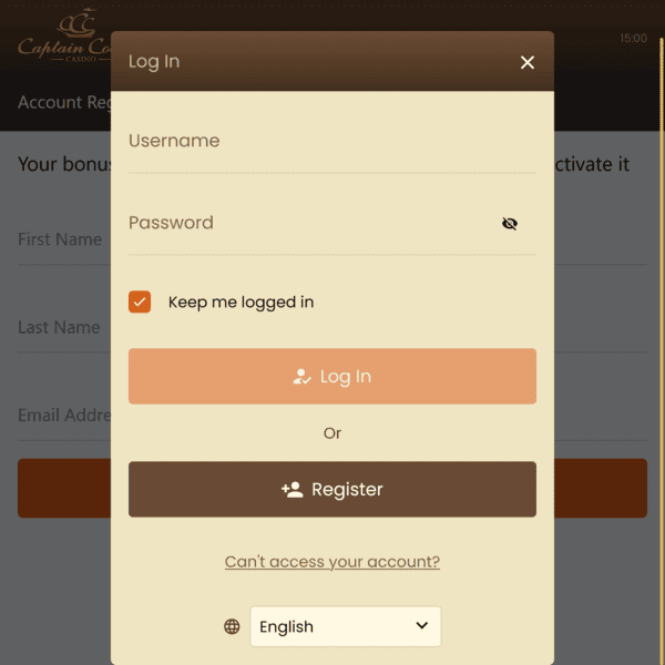 Captain Cooks Casino Login Popup and Registration Form