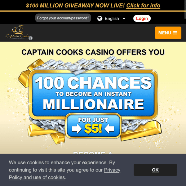Captain Cooks Casino Main Landing Page with Millionaire Promotion